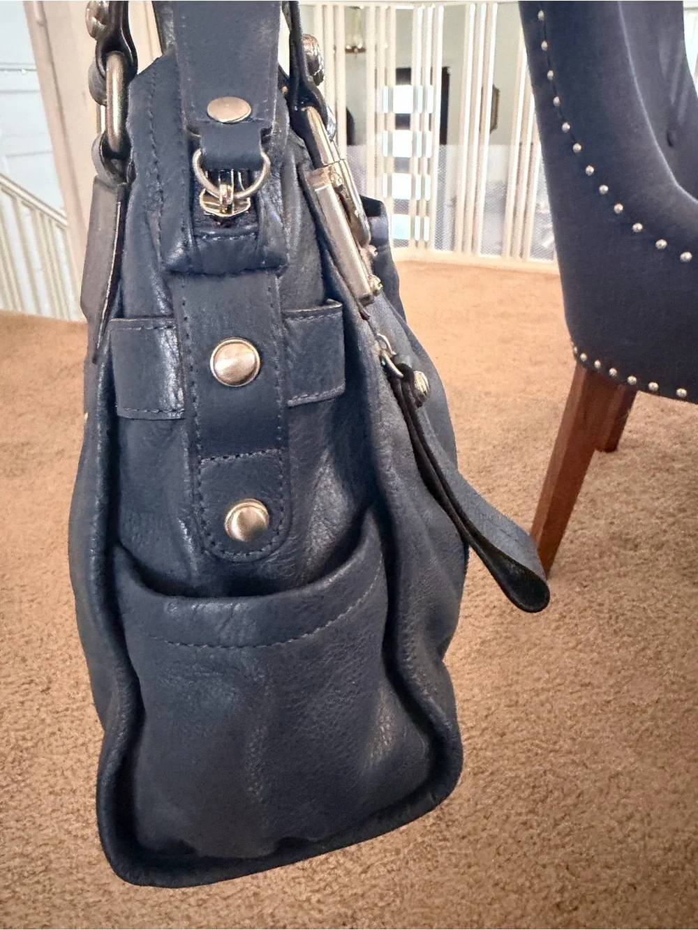 B. Makowsky Navy Leather Shoulder Slouch Bag